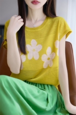 时尚提花短袖t恤女夏季2025新款打底衫洋气大码冰丝针织女装上衣，女装T恤，大美人包芯纱店