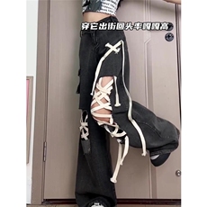 亚比穿搭街头绑带破洞牛仔裤女高街朋克风宽松显瘦直筒阔腿拖地裤，男装牛仔裤，星座1210-1