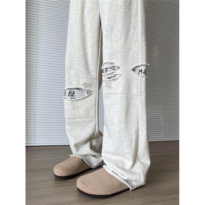 原创~秋冬字母毛边补丁破洞直筒垂坠卫裤4XZ502-K769-P65控88，男装休闲裤，星座502