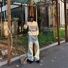 重磅秋冬装北极绒套头毛衣美式复古休闲慵懒风提花工艺针织衫外套，男装针织衫/毛衣，电商A486-1