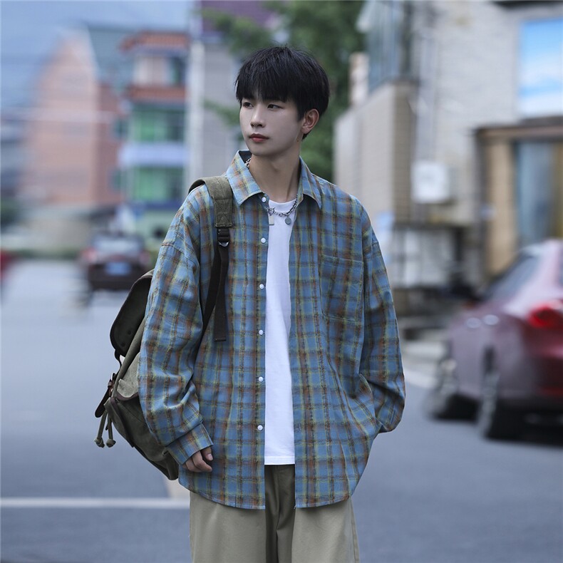 抖音日销2千件格子衬衫男长袖日系宽松休闲衬衣CS7219P55控88,男装衬衫,电商B413-1