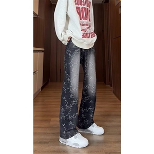 水洗雪花纹牛仔裤男秋季美式复古小众宽松休闲高级感做旧直筒裤子图片