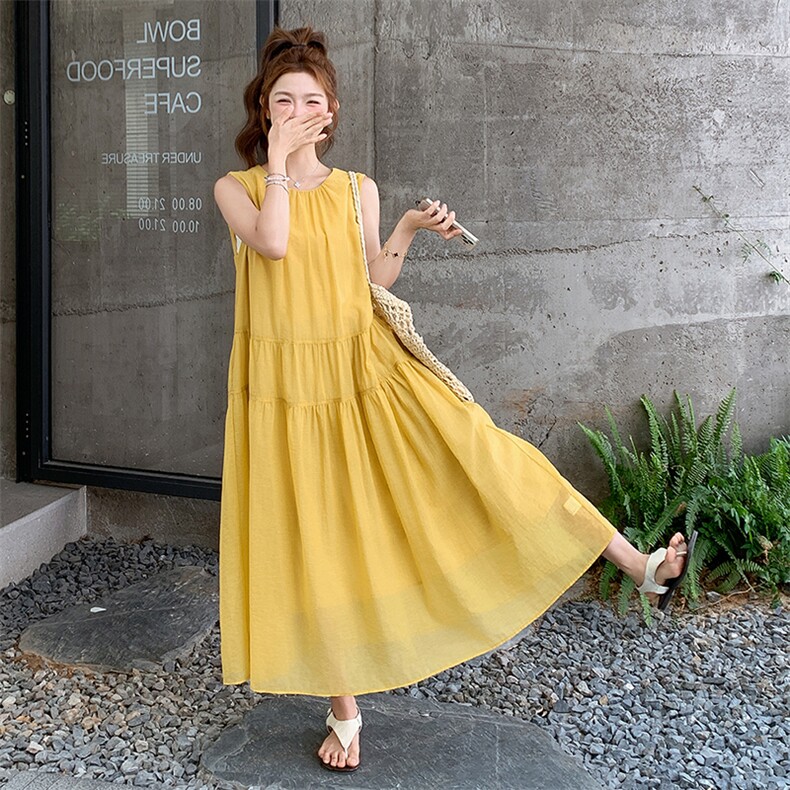 黄色甜美宽松无袖连衣裙女2025夏季新款韩版宽松简约初恋背心长裙,女装连衣裙,浙宝305