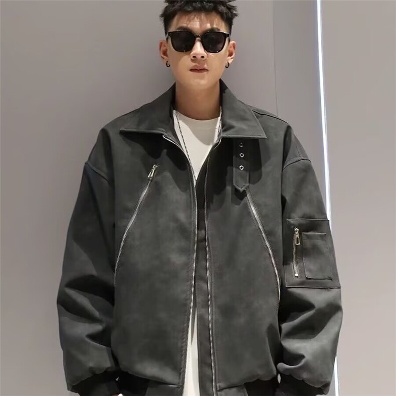 J30-P67复古水洗做旧PU皮夹克男款秋冬cleanfit高级感垫肩立领,男装夹克,电商B323A
