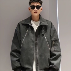 J30-P67复古水洗做旧PU皮夹克男款秋冬cleanfit高级感垫肩立领，男装夹克，电商B323A