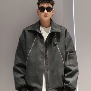 J30-P67 复古水洗做旧PU皮夹克男款秋冬cleanfit高级感垫肩立领图片