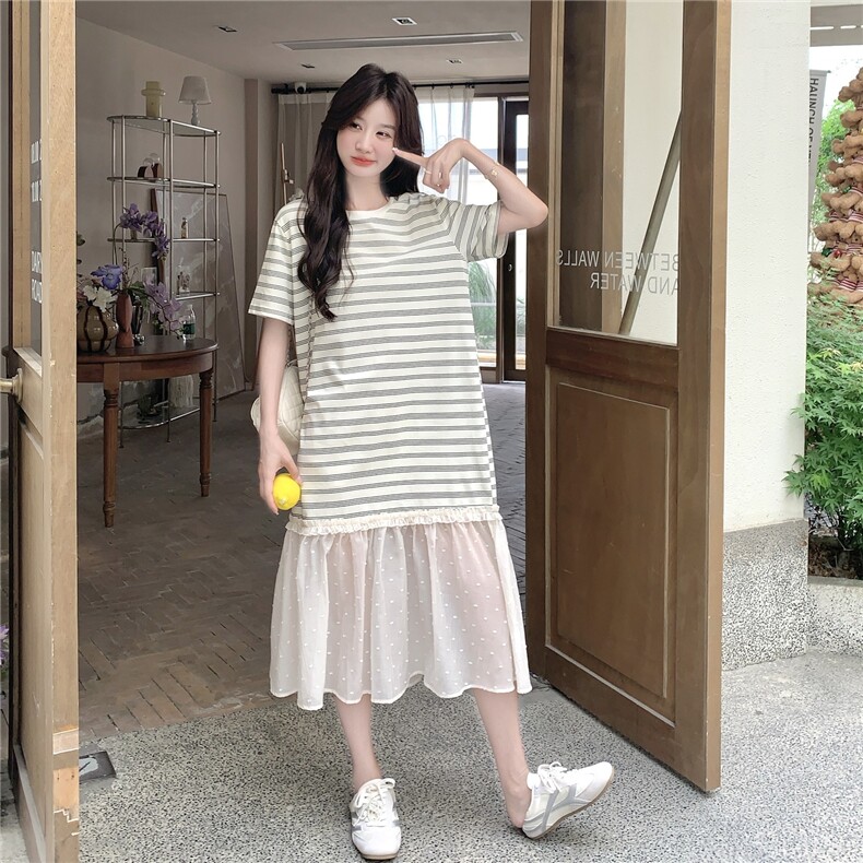 条纹连衣裙女夏2025新款高级感森系慵懒风休闲运动t恤裙爆款流行,女装连衣裙,2C272