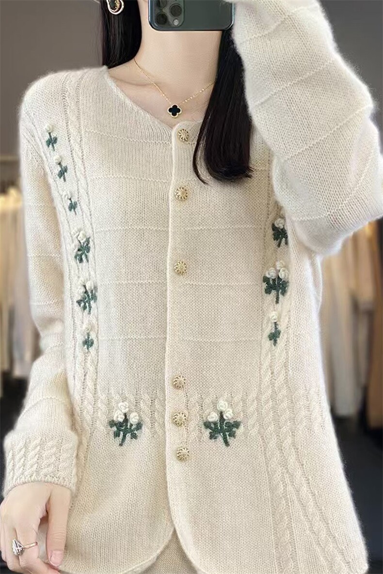 100%纯羊毛开衫女圆领重工刺绣钩花毛衣外套宽松气质羊绒针织上衣,针织衫/毛衣,萱芳婷羊绒