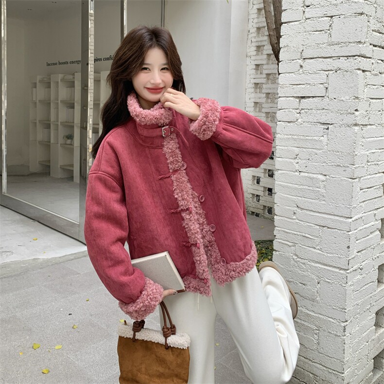 现货火龙果色加厚羊羔毛外套2C117-1828P215K318,女装短外套,2C117