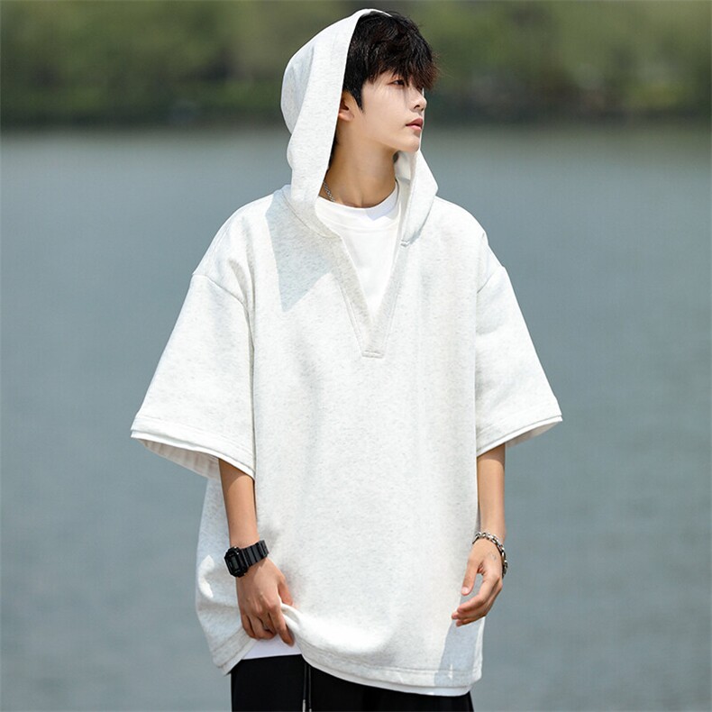 8XL-M假两件短袖卫衣连帽t恤男夏季薄款宽松大码学生半袖DT007P48图片