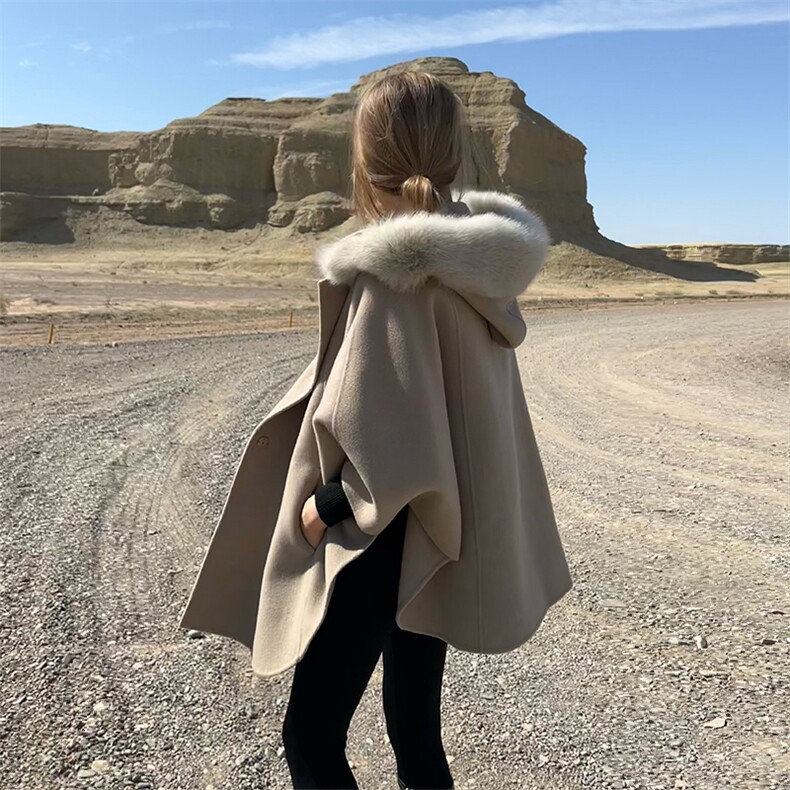 魔女斗篷！奢华狐狸毛领双面纯羊毛大衣女气质秋冬高端羊绒呢外套,女装双面呢大衣,蒙绒特
