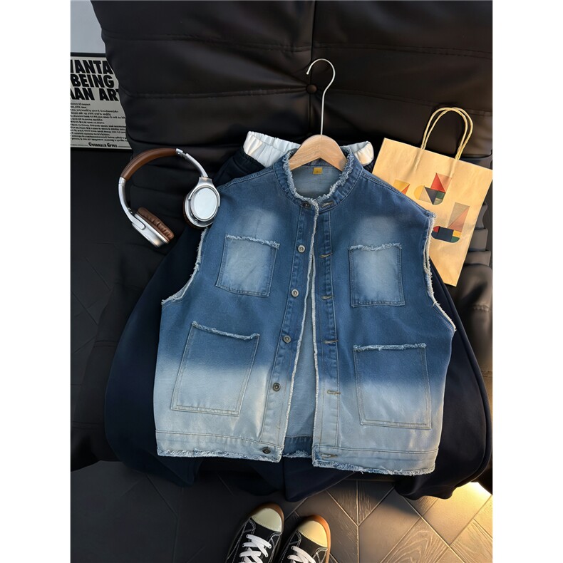 图破洞牛仔马甲无袖坎肩背心立领工装夹克外套GY68608-P50，男装背心/马甲，电商A025