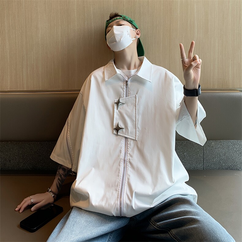 小众短款短袖夹克男夏季潮流帅气宽松衬衣计感工装衬衫CS0807-P40,男装衬衫,星座308B-2