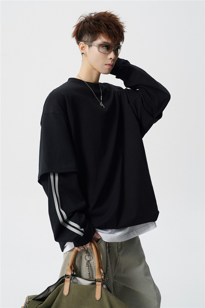 6XL-M假两件条纹长袖t恤男运动风百搭上衣CX3010-特P40,男装T恤,电商D206-1