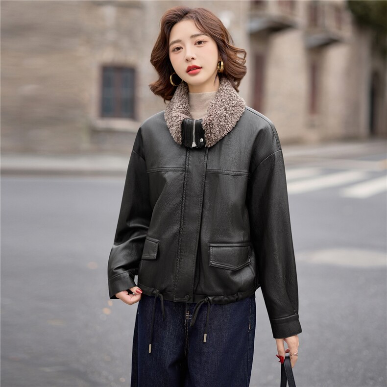 【冬季女装新款】大量现货时尚毛领加绒保暖皮衣外套P-135,女装皮衣,简古