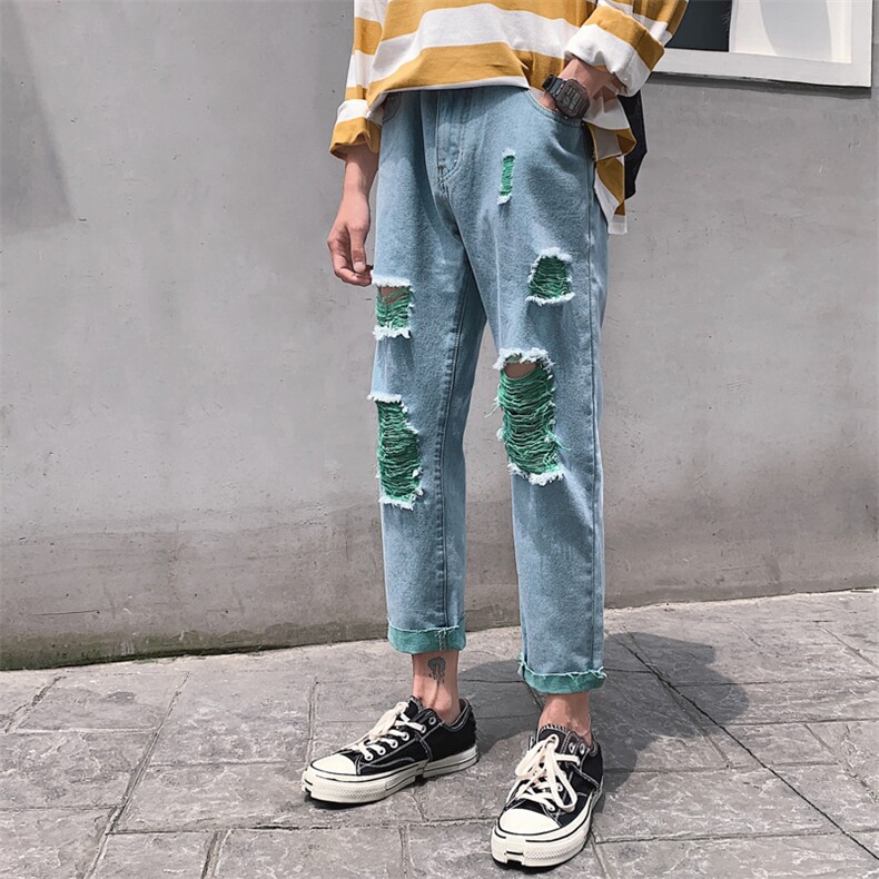 港风绿色破洞牛仔裤男女chic韩版毛边休闲九分裤N/,男装牛仔裤,电商D202