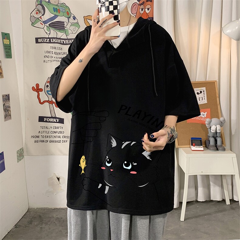 LD54129-P45NASA连帽短袖t恤男大码胖子带帽五分袖中袖,男装T恤,电商A040