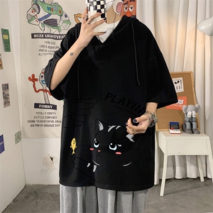 LD54129-P45 NASA连帽短袖t恤男大码胖子带帽五分袖中袖图片