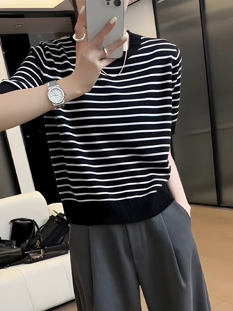 复古时尚条纹薄款短袖针织衫女夏季套头,针织衫/毛衣,圣旺供货
