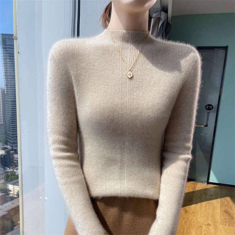 秋冬100%纯羊毛衫女半高领抽条修身针织毛衣百搭显瘦羊绒衫打底衫图片