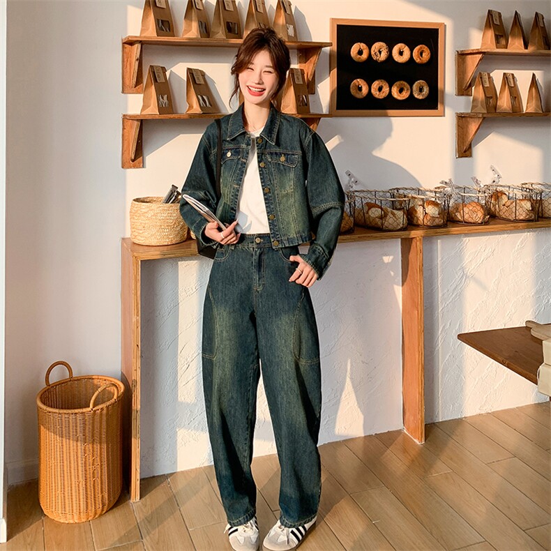 牛仔套装女2024春秋新款炸街休闲工装短款外套两件套,女装套装/套裙,点滴