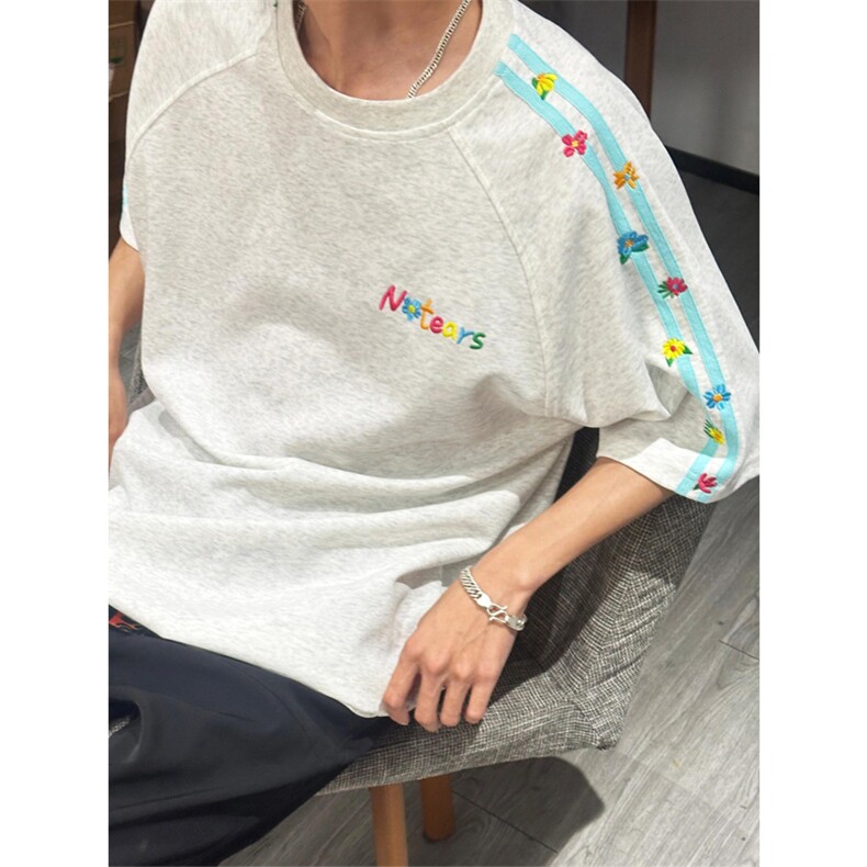 网图有货美式高街肩带刺绣短袖t恤男女拼接花卉宽松上衣A667-P35，男装T恤，星座1505