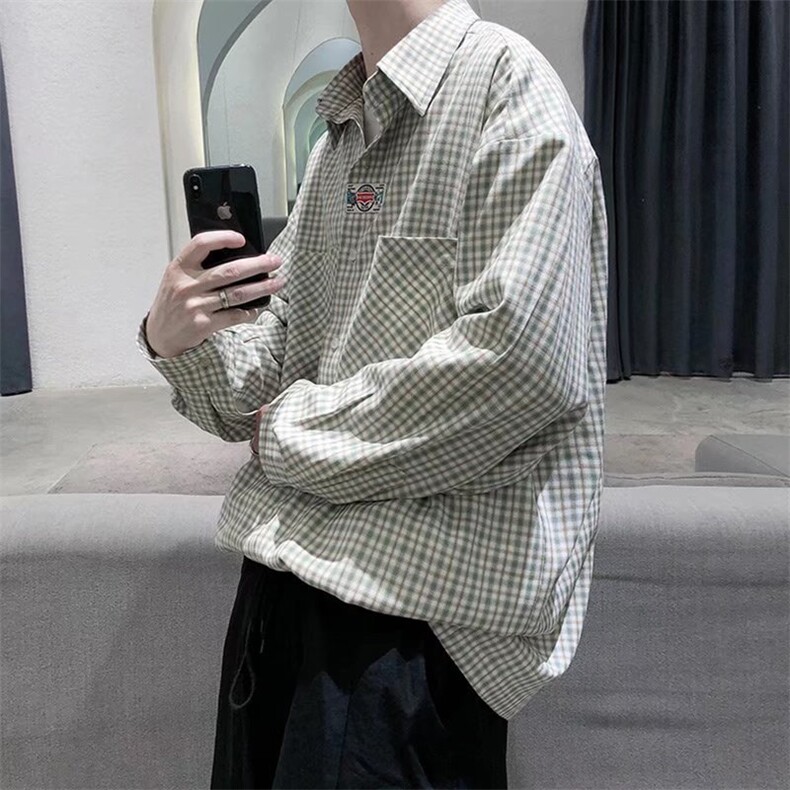 C186-P23春秋款日系复古格子长袖衬衫男装ins潮牌设计感休闲,男装T恤,电商B323A