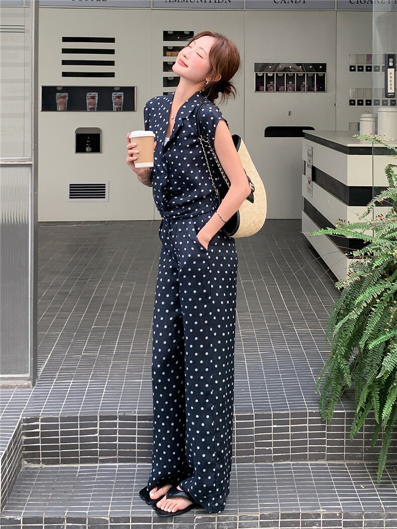 《大量现货26夏上新》100%苎麻舒适透气波点长裤无袖两件套女,女装套装/套裙,时尚风爆