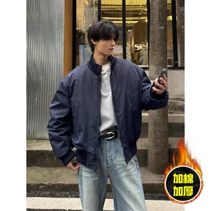 现货冬季美拉德立领飞行夹克廓形高街棒球服加棉加厚棉衣外套,黑色单西搭配v领体恤衫图片