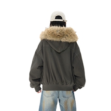 现货重磅boxy短款棉衣座山雕大毛毛领男女棉服水洗工装厚外套，男装棉衣，电商A486-1