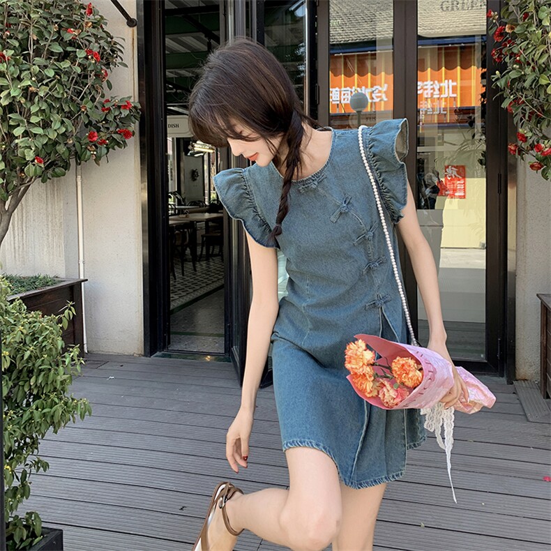 新中式盘扣飞袖牛仔裙女2025夏季新款设计感复古国风气质甜美裙子,女装连衣裙,2C057