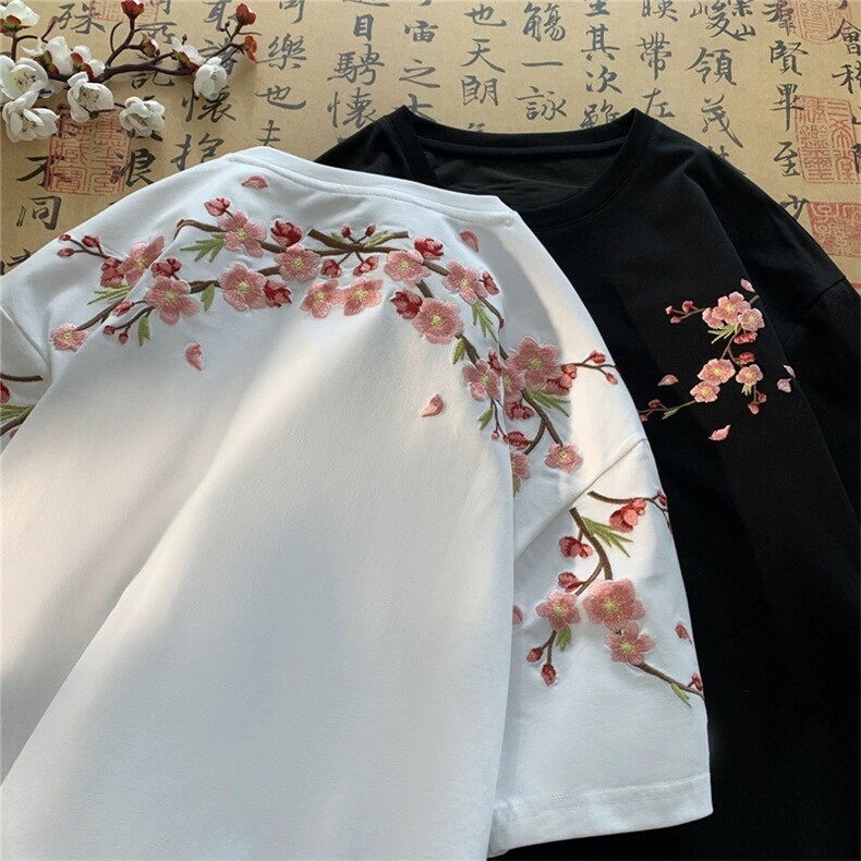 706-1-T387-P35 现货 夏季风梅花刺绣圆领短袖T恤情侣半袖上衣图片