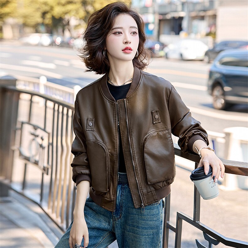 小个子皮衣外套女棒球服上衣春秋款时尚高级感港风复古显瘦皮夹克,女装皮衣,臻衣坊