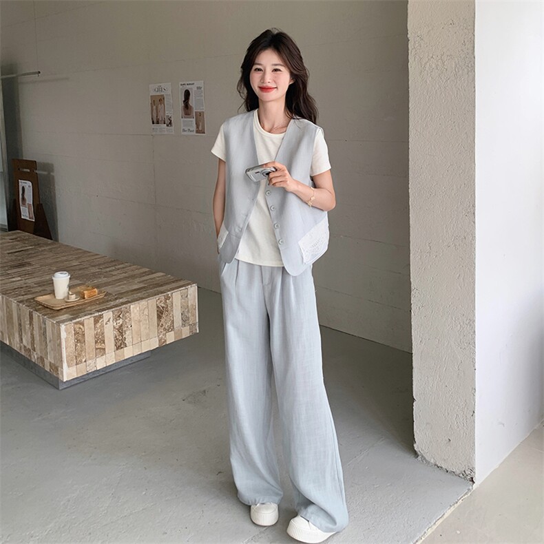 盐甜系穿搭蓝色蕾丝拼接西装马甲三件套女夏新款显瘦气质长裤套装图片