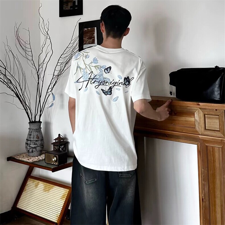 万针全刺绣解构设计260克重磅双纱纯棉高品质美式高街短袖T恤特35,男装T恤,电商A486-1