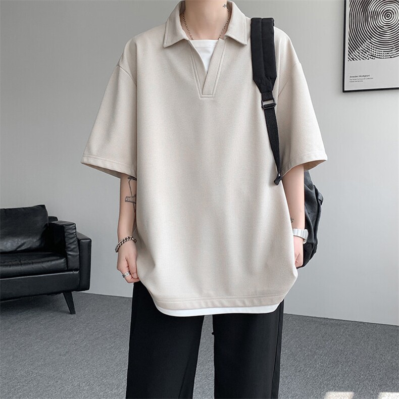 8XL-M假两件V领短袖t恤男夏翻领半袖宽松重磅华夫格大码DT001P40图片