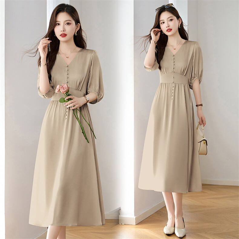 优雅气质V领连衣裙女2025夏新款收腰修身显瘦轻熟风气质纯色裙子，女装连衣裙，臻衣坊
