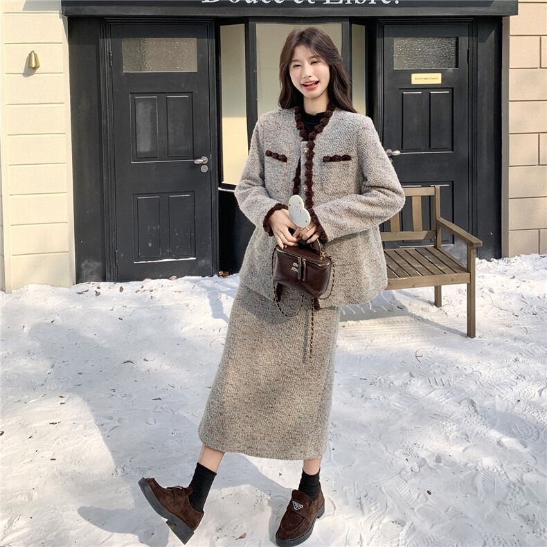 小香风拼接毛呢外套半身裙两件套女秋冬2025新款韩系chic气质套装,女装套装/套裙,2C032