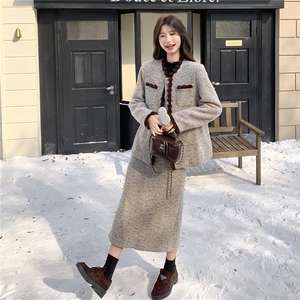小香风拼接毛呢外套半身裙两件套女秋冬2025新款韩系chic气质套装图片