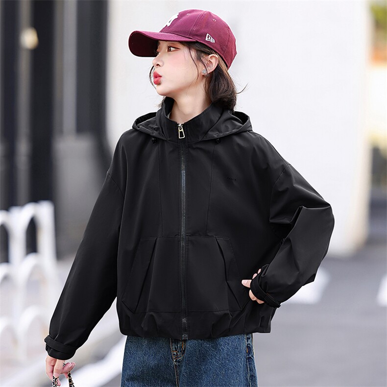 短款休闲风衣外套女2024春秋新款小个子宽松显瘦百搭连帽夹克上衣,女装短外套,木子恋