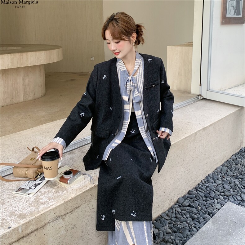 碎花拼接假两件毛呢外套半身裙套装女春秋季学院风小个子两件套,女装套装/套裙,2C090