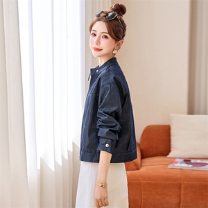 时尚复古蓝色牛仔短款外套女2025春秋新款小个子休闲立领夹克上衣图片