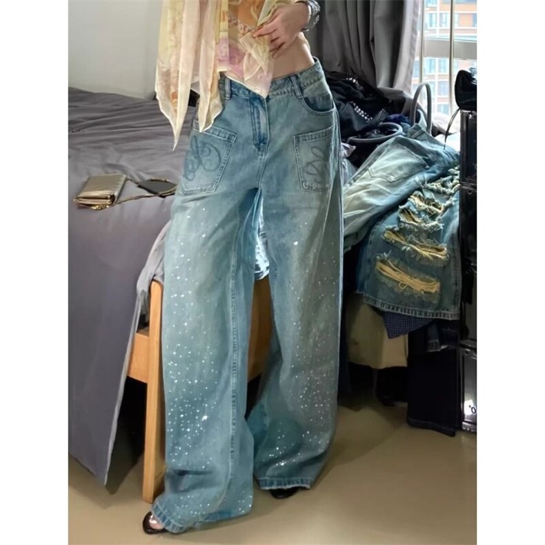 设计感重工满天星烫钻牛仔裤女2026春季新款街头宽松阔腿拖地裤,男装牛仔裤,星座506A