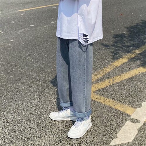 秋季百搭坠感阔腿牛仔裤男直筒宽松九分裤港风男女老爹裤k70-p35图片