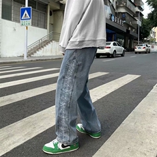 高街牛仔裤男生潮牌直筒宽松复古腰果花休闲长裤子痞帅k353-p45，男装牛仔裤，星座1008