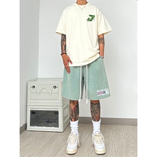 美潮纯棉320G重磅水洗做旧印花短裤A014-DY25028-P40控58，男装牛仔裤，电商A014