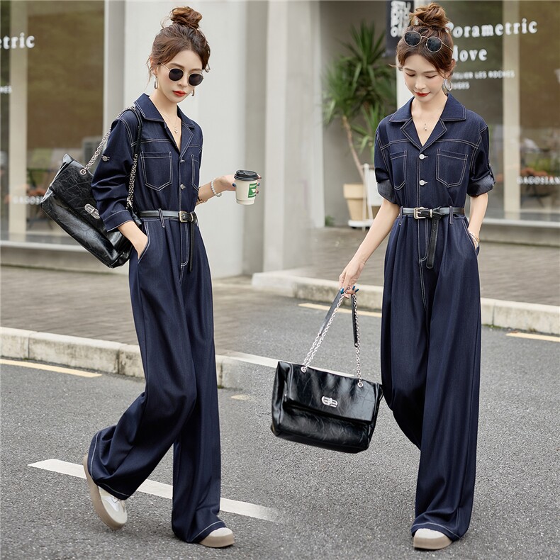 （新款现货）2026春装时尚西装领天丝牛仔阔腿连体裤（配腰带），女装连体裤，印象茜