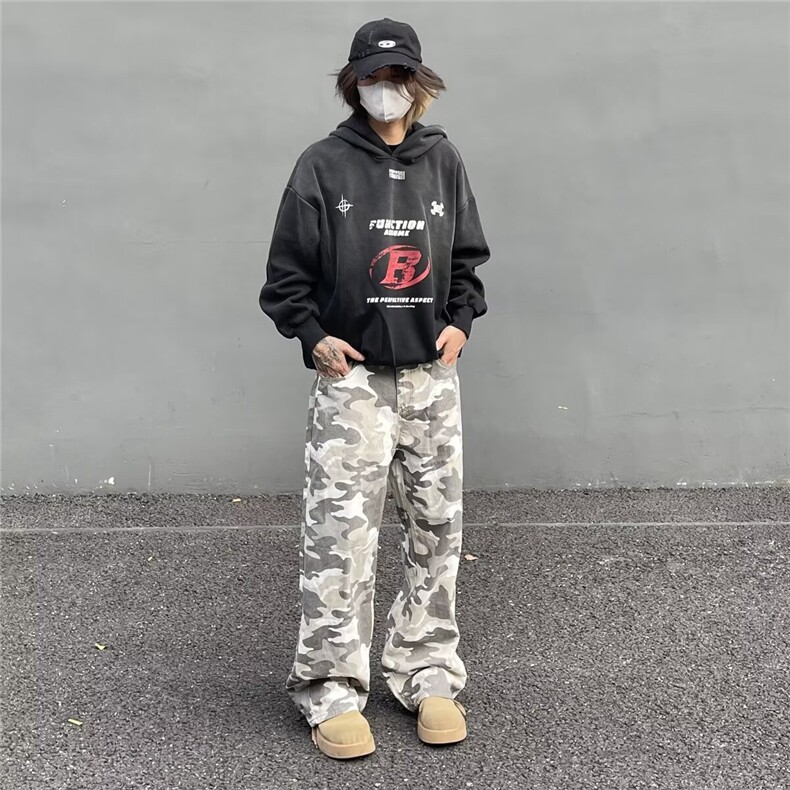 美式vintage街头风灰白迷彩工装裤男宽松直筒vibe风拖地裤,男装牛仔裤,星座506A