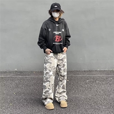 美式vintage街头风灰白迷彩工装裤男宽松直筒vibe风拖地裤，男装牛仔裤，星座506A