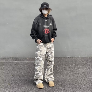 美式vintage街头风灰白迷彩工装裤男宽松直筒vibe风拖地裤图片